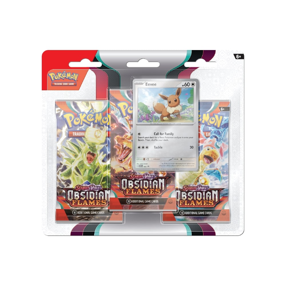 Pokémon Obsidian Flames 3-Pack Blister vsebuje 3 booster pakete in promo karto Eevee.
