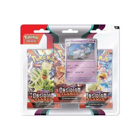 Scarlet & Violet Obsidian Flames 3-Pack Blister vsebuje 3 booster pakete ter promo karto Houndstone.