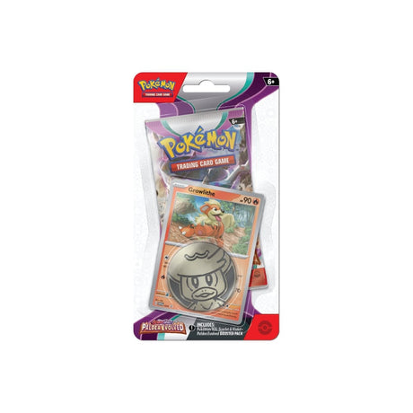 Pokémon Scarlet & Violet Paldea Evolved Checklane Blister vključuje booster paket, promo karto Growlithe in kovanec