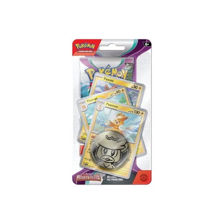 Premium Checklane Blister vsebuje booster paket, 3 promo karte z evolucijo Pokemona Pawmot in kovanec Pokemona Quaxly