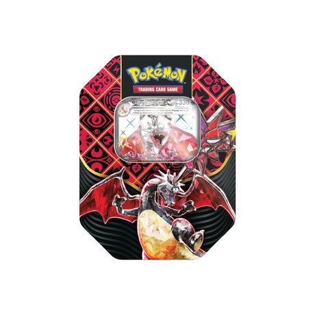 Scarlet & Violet Paldean Fates Tin vključuje 4 booster pakete, promo karto in kodo za Pokémon TCG Online, karte so naključne.