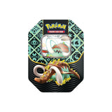 Tin škatla Paldean Fates z 4 booster paketi, promo karto in kodo za Pokémon TCG Online, vsak paket vsebuje 10 kart.