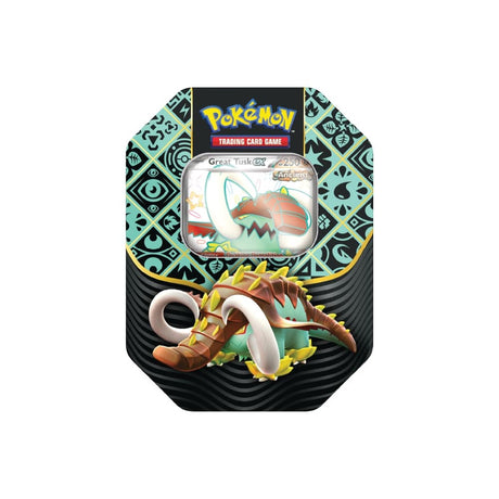 Tin škatla Paldean Fates z 4 booster paketi, promo karto in kodo za Pokémon TCG Online, vsak paket vsebuje 10 kart.
