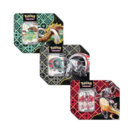Paldean Fates Tin z 1 promo karto ex, 5 booster paketi in kodo za Pokémon TCG Online, karte se razlikujejo glede na paket.