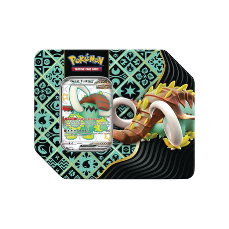 Scarlet & Violet Paldean Fates Tin z 5 booster paketi, promo karto ex in kodo za spletno igro, vsak paket vsebuje 10 kart.