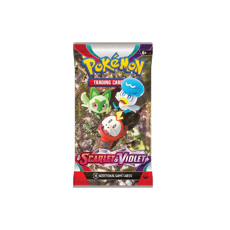 Scarlet & Violet Booster Pack z 10 naključnimi Pokémon kartami, osnovno energijo in kodo za Pokémon Trading Card Game Online.