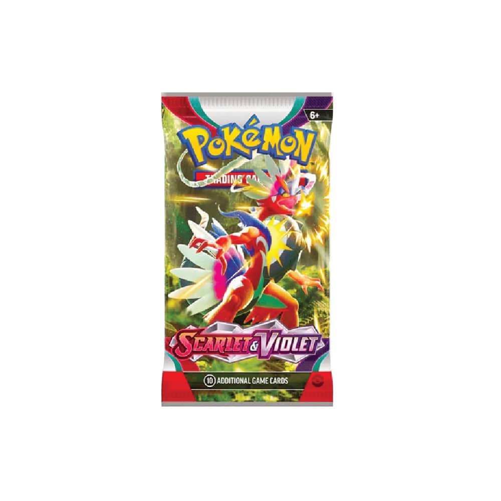 Scarlet & Violet Booster Pack vsebuje 10 kart in 1 osnovno energijo, karte se razlikujejo glede na paket.