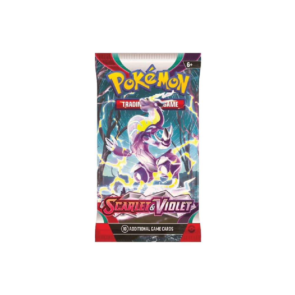Booster paket Scarlet & Violet vsebuje 10 Pokémon kart, osnovno energijo in kodo za spletno igro, karte so naključne.