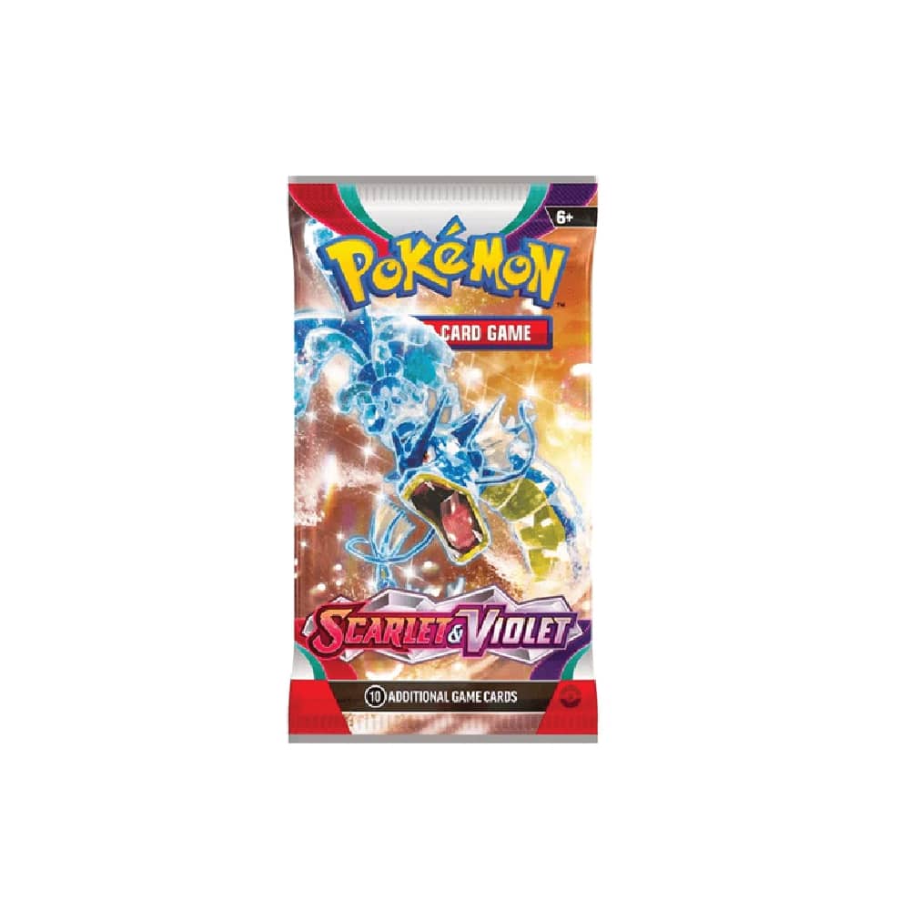 Scarlet & Violet Booster Pack z 10 Pokémon kartami, osnovno energijo in kodo za Pokémon TCG Online, karte se razlikujejo.