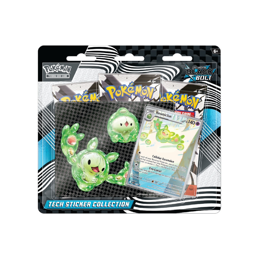 Pokemon Scarlet & Violet Black Bolt Tech Sticker Collection featuring Reuniclus, includes stickers and promo card.