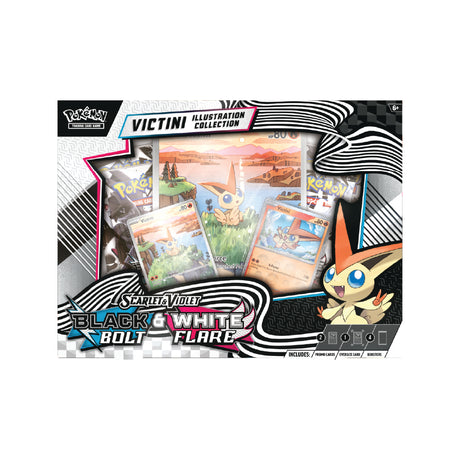 Pokemon Scarlet & Violet Black Bolt & White Flare Victini Illustration Collection with booster packs and cards.