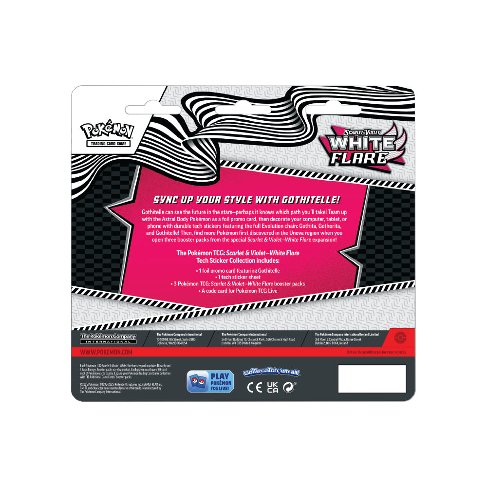 Pokemon Scarlet & Violet White Flare Gothitelle tech sticker collection with booster packs and promo card.