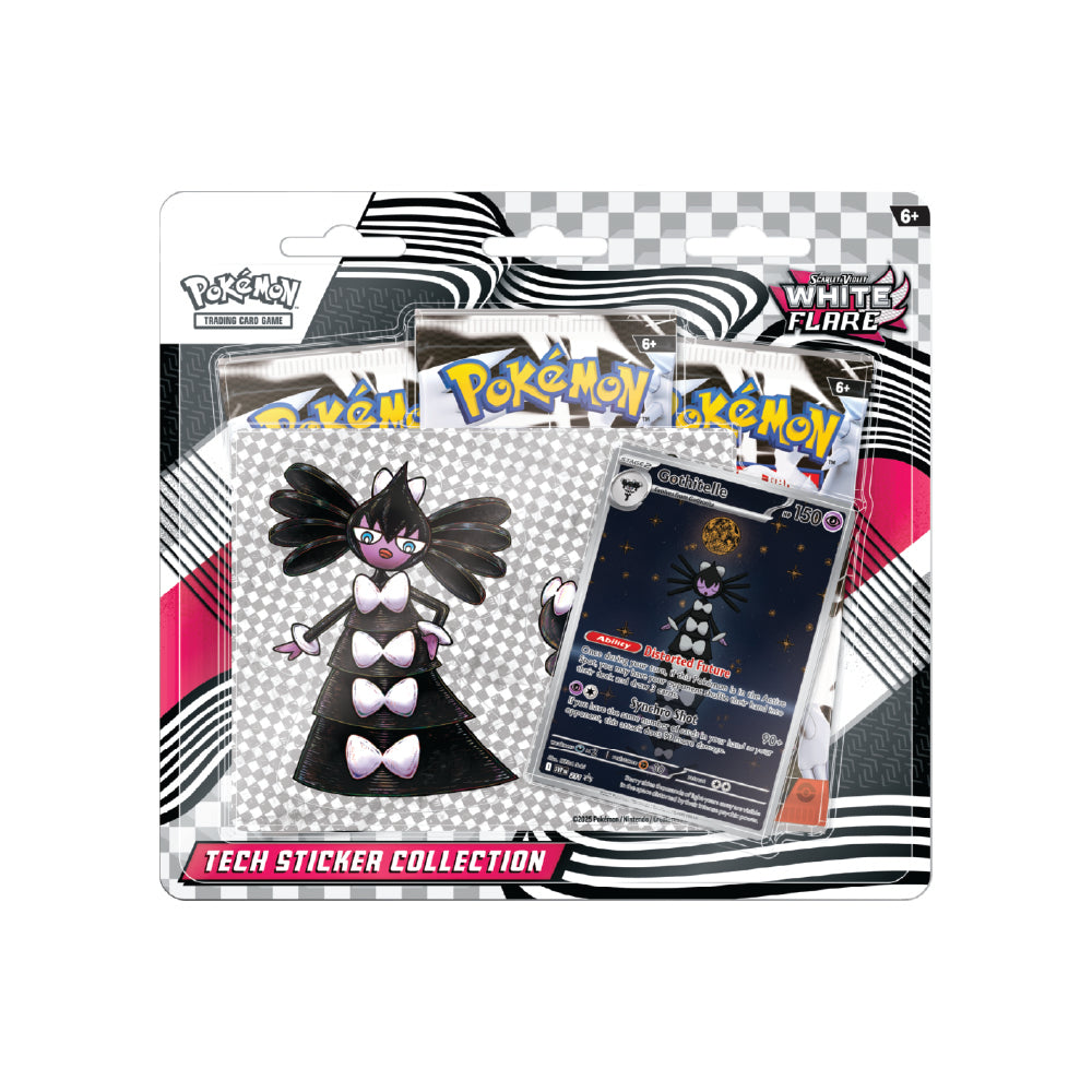 Pokemon Scarlet & Violet White Flare Tech Sticker Collection featuring Gothitelle promo card and stickers.
