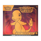 Elite Trainer Box Scarlet & Violet Obsidian Flames vključuje 9 booster paketov, promo karto, ovitke za karte in kocke.