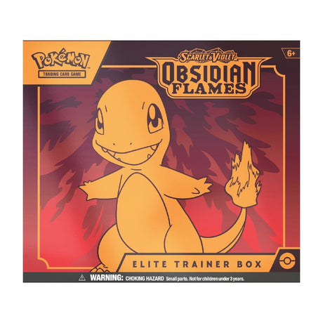 Elite Trainer Box Scarlet & Violet Obsidian Flames vključuje 9 booster paketov, promo karto, ovitke za karte in kocke.