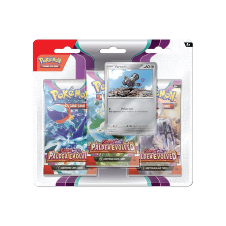 Pokémon Paldea Evolved 3-Pack Blister z 3 booster paketi in promo karto Varoom, vsak paket vsebuje 10 kart.