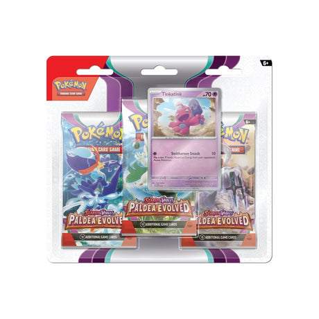 Scarlet & Violet Paldea Evolved 3-Pack Blister vključuje 3 booster pakete z naključnimi kartami in promo karto Tinkatink.