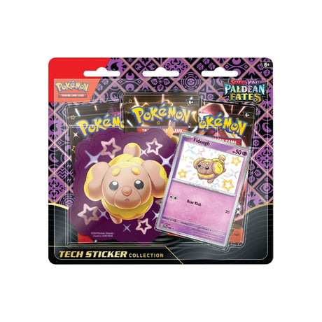 Tech Sticker Scarlet & Violet Paldean Fates vključuje 3 booster pakete, promo karto in nalepko, karte se razlikujejo glede na paket.
