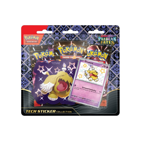 Pokémon Scarlet & Violet Paldean Fates Tech Sticker z 3 booster paketi, promo karto in nalepko, vsak paket vsebuje 10 kart.