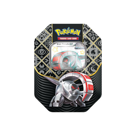 Pokémon Paldean Fates Tin z 4 booster paketi, promo karto in kodo za spletno igro, vsak paket vsebuje 10 kart in osnovno energijo.