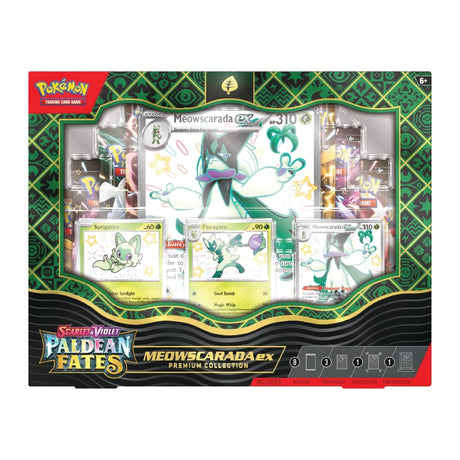 Paldean Fates Premium Collection ex vsebuje 3 promo in karto velikega formata Pokemona Meowscarada ter 8 booster pakete.