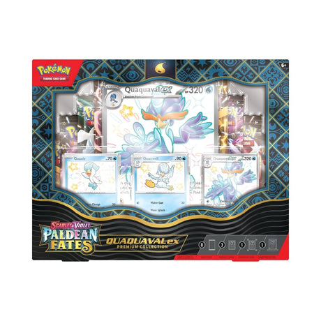 Pokémon Premium Collection ex z 3 promo in veliko karto Pokémona Quaquaval, 8 booster paketi in magnetnim stojalom za karte.