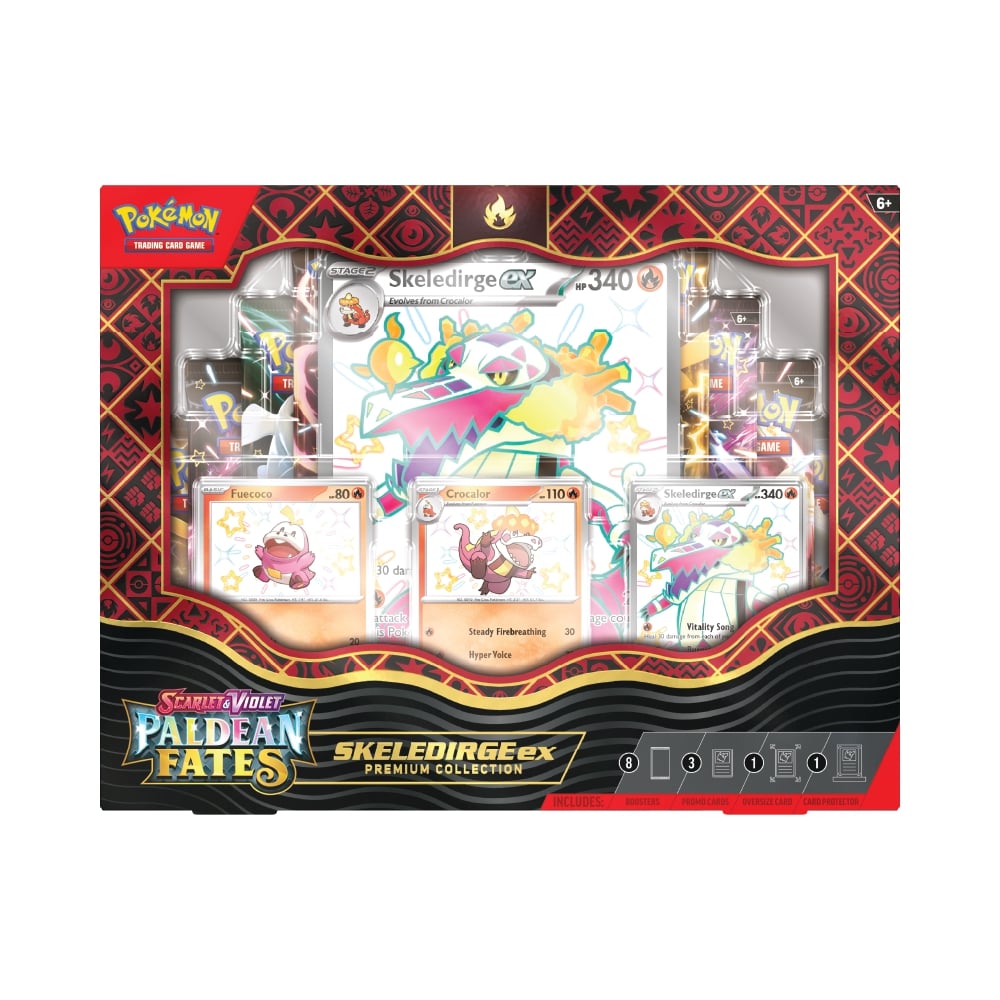 Paldean Fates Premium Collection ex ima 3 promo in veliko karto Pokémona Skeledirge, 8 booster paketov ter akrilno stojalo.