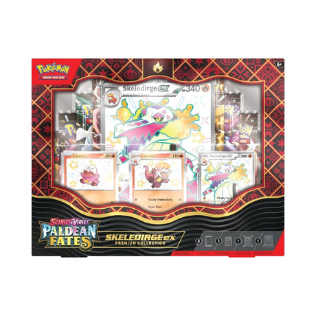 Paldean Fates Premium Collection ex ima 3 promo in veliko karto Pokémona Skeledirge, 8 booster paketov ter akrilno stojalo.