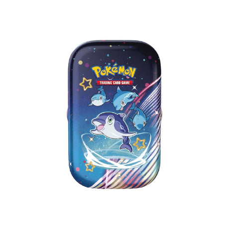 Paldean Fates Mini Tins z 2 booster paketkoma, nalepkami in ilustracijo Pokémon Finizen na mini tinu.