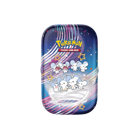 Scarlet & Violet Paldean Fates Mini Tins z 2 booster paketi, nalepkami in mini tinom, ki prikazuje Pokémona Maushold.