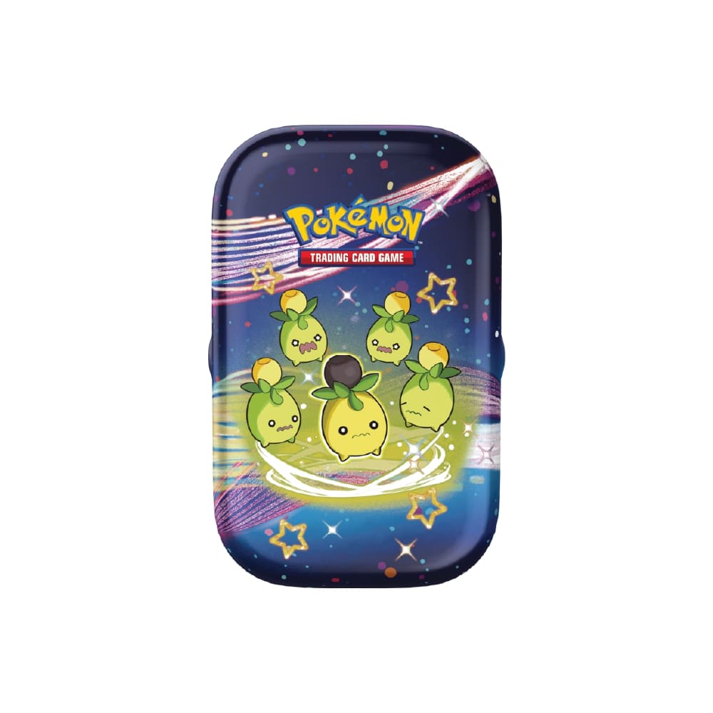 Paldean Fates Mini Tins z 2 booster paketoma, nalepkami in ilustracijo Pokémona Smoliv na mini tinu.