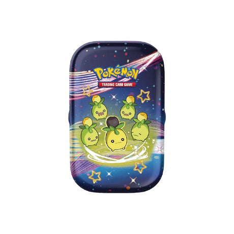 Paldean Fates Mini Tins z 2 booster paketoma, nalepkami in ilustracijo Pokémona Smoliv na mini tinu.