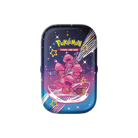 Pokémon Mini Tins Paldean Fates vsebujejo 2 booster paketa, nalepke in mini tin z ilustracijo Pokémona Tinkatink.