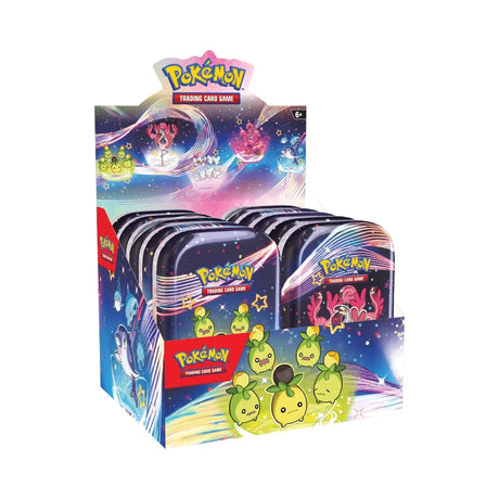 Display z 10 Paldean Fates Mini Tins z različnimi ilustracijami Pokémonov, 2 booster paketa v vsakem mini tinu in nalepkami.