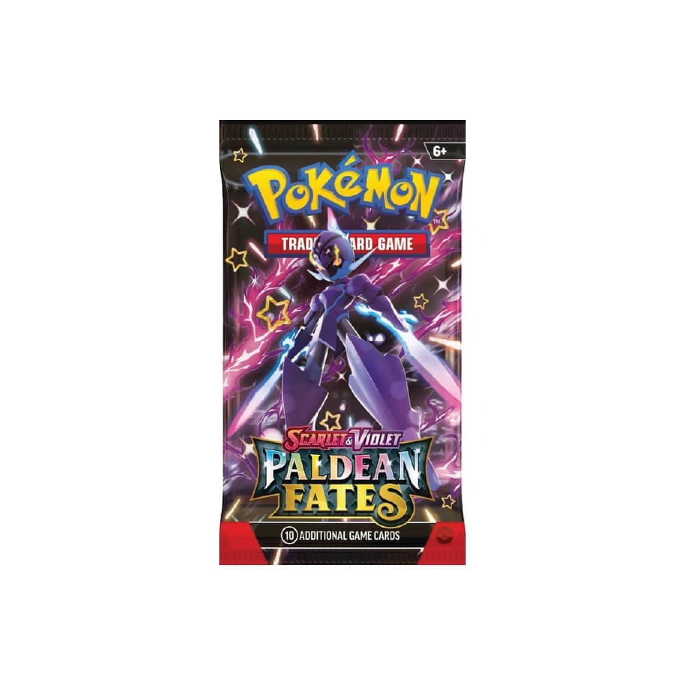 Booster Pack Paldean Fates vsebuje 10 naključnih Pokémon kart, osnovno energijo in kodo za spletno igro Pokémon TCG.