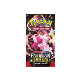 Pokémon Paldean Fates Booster Pack z 10 različnimi kartami, osnovno energijo in kodo za Pokémon TCG Online.