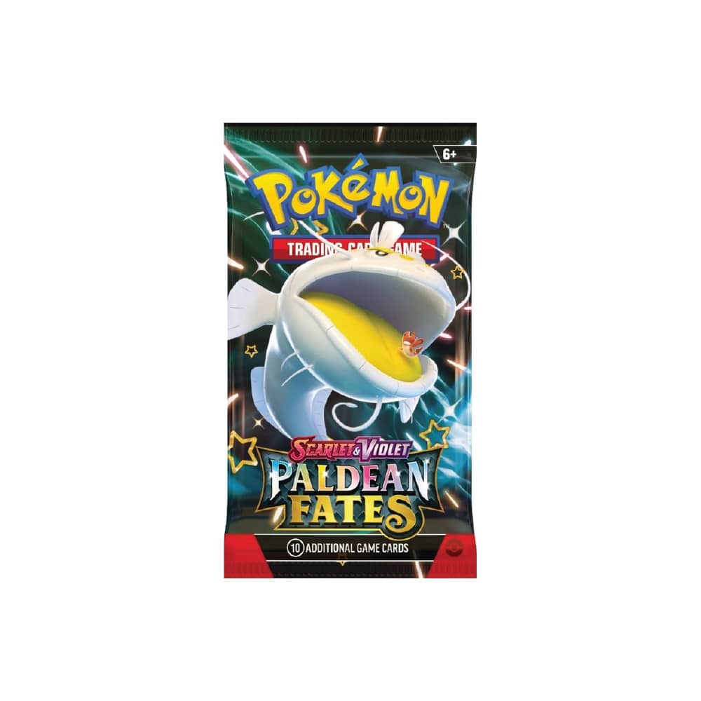 Paket Paldean Fates z 10 Pokémon kartami, osnovno energijo in kodo za Pokémon Trading Card Game Online, karte so različne.