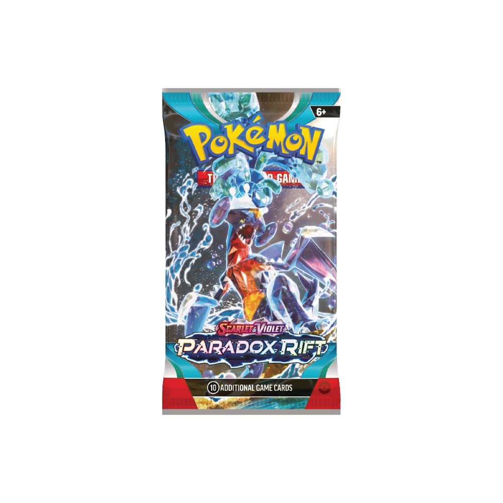 Pokémon Paradox Rift Booster Pack z 10 naključnimi kartami in osnovno energijo ter kartico za spletno igro Pokémon TCG.