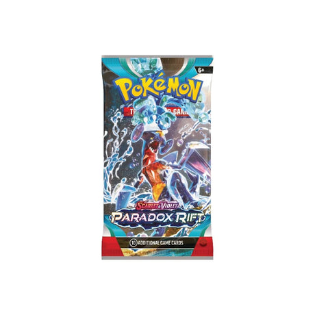 Pokémon Paradox Rift Booster Pack z 10 naključnimi kartami in osnovno energijo ter kartico za spletno igro Pokémon TCG.