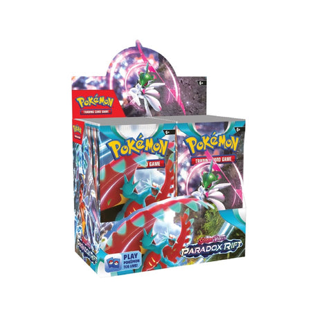 Pokémon Scarlet & Violet Paradox Rift Booster Box z 36 booster paketi, vsak s 10 kartami in 1 osnovno energijo.
