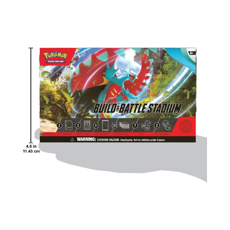 Pokémon Paradox Rift Build & Battle Stadium z 2 predpripravljenima igralnima kompletoma, 11 booster paketi in 121 energetskimi kartami.