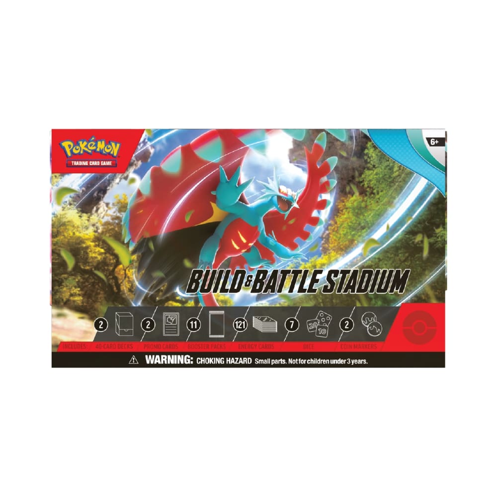 Scarlet & Violet Paradox Rift Build & Battle Stadium vsebuje 2 kompleta s 40 kartami, kocke, kovance in zbirateljsko škatlo.