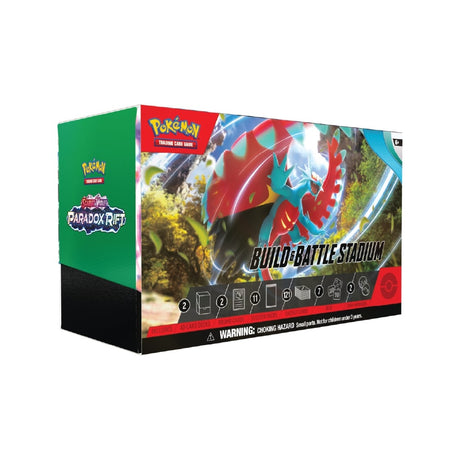 Pokémon Build & Battle Stadium z 11 booster paketi, 2 predpripravljenima kompleta kart, akrilnimi označevalci in energetskimi kartami.