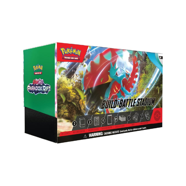 Pokémon Build & Battle Stadium z 11 booster paketi, 2 predpripravljenima kompleta kart, akrilnimi označevalci in energetskimi kartami.