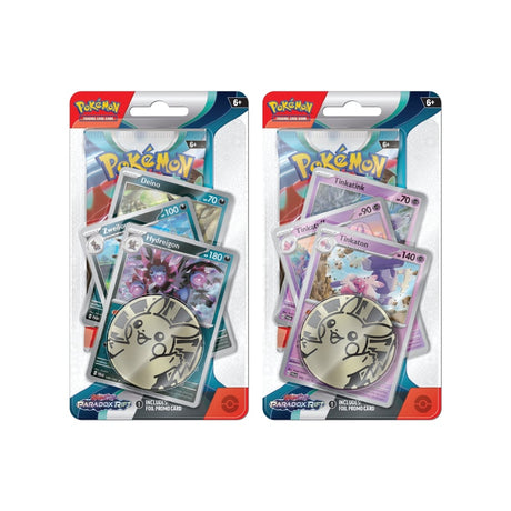 Scarlet & Violet Paradox Rift Premium Checklane Blister z booster paketom, 3 promocijskimi karticami in Pikachu kovanec.