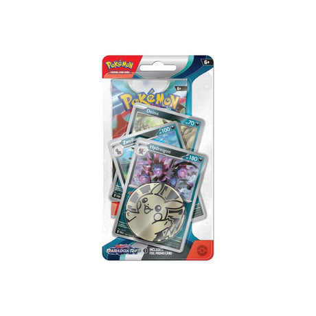 Premium Checklane Blister Paradox Rift vsebuje 1 booster paket, 3 promo kartice, evolucijo Hydreigon in Pikachu kovanec.