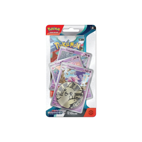Premium Checklane Blister Paradox Rift vsebuje 1 booster paket, 3 promo kartice, evolucijo Tinkaton in Pikachu kovanec.