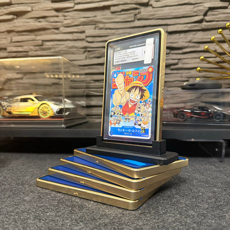 Platinum aluminum case for PSA graded card display.